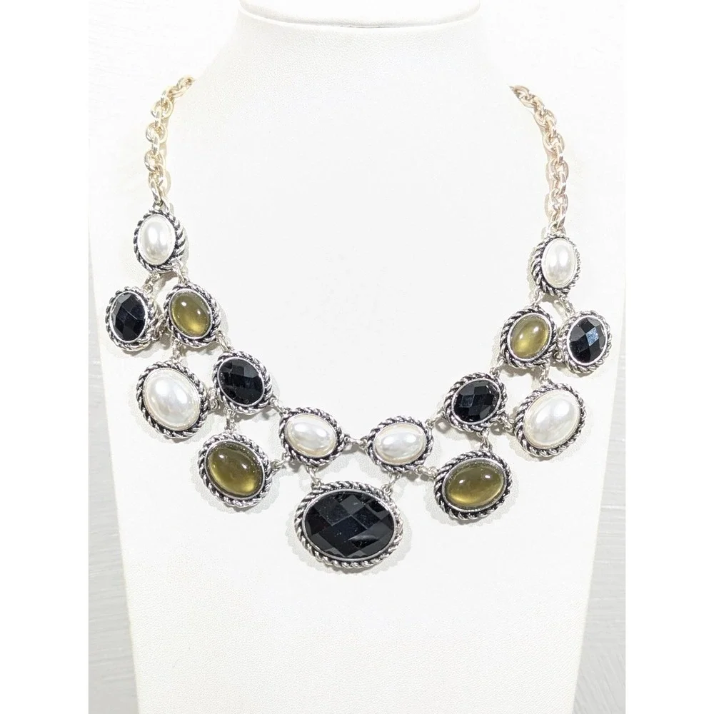 Classic Chic Rope Faux Pearl Oval Cabochon Black Statement Neckalce Retro 19 in